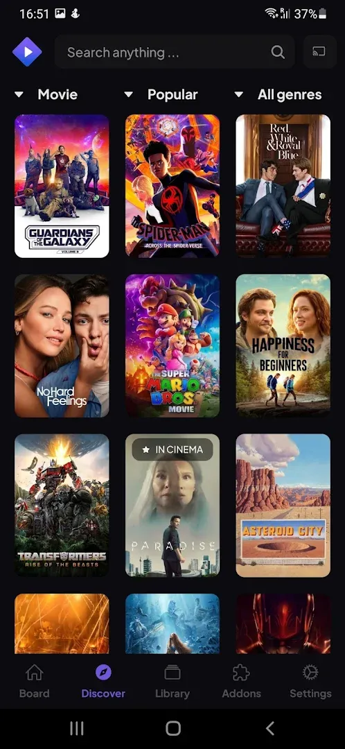 Stremio APK discover screen on Android
