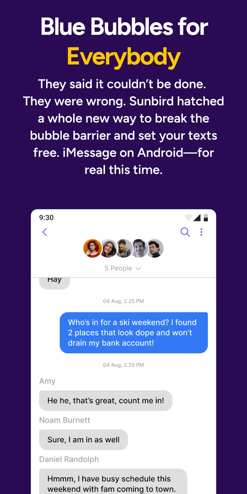 Sunbird Android screenshot – one inbox for iMessage, RCS and SMS